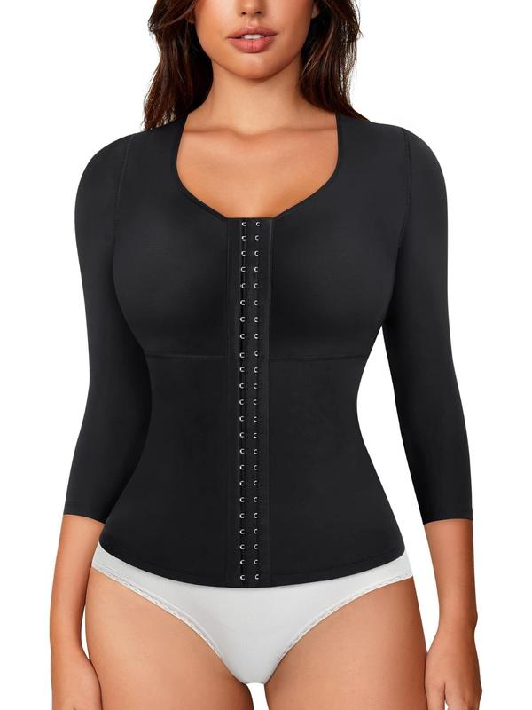 Women's Solid Color Hook & Eye Front Shapewear Top, High Stretch Tummy Control Shaper, Tummy Tuck Shaper, Women's Shapewear for All Seasons